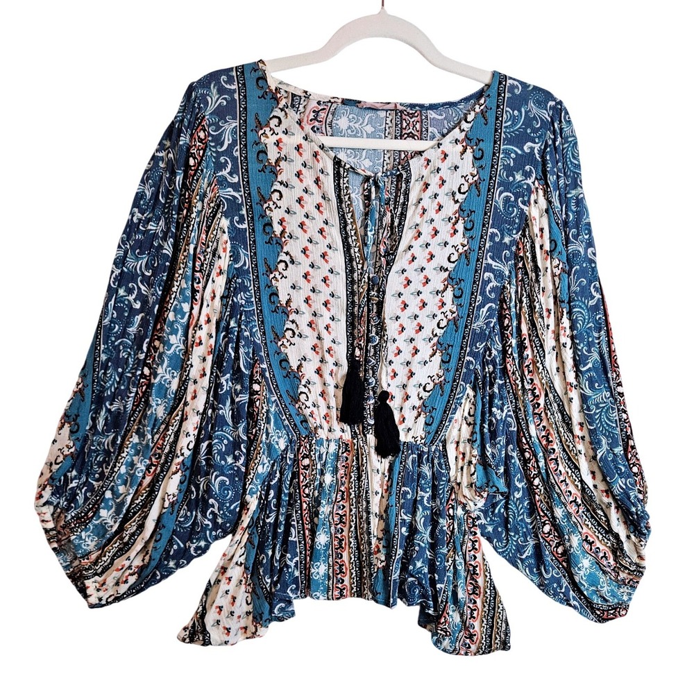 Bohemian Peasant Peplum Blouse M/L Balloon Sleeve‎ Tassel Patchwork Print #510